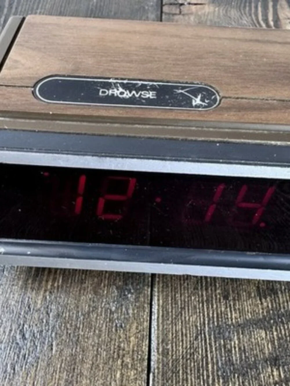 Vintage Ken-Tech Digital Alarm Clock, Model T-2096A, Wood Grain Red LED